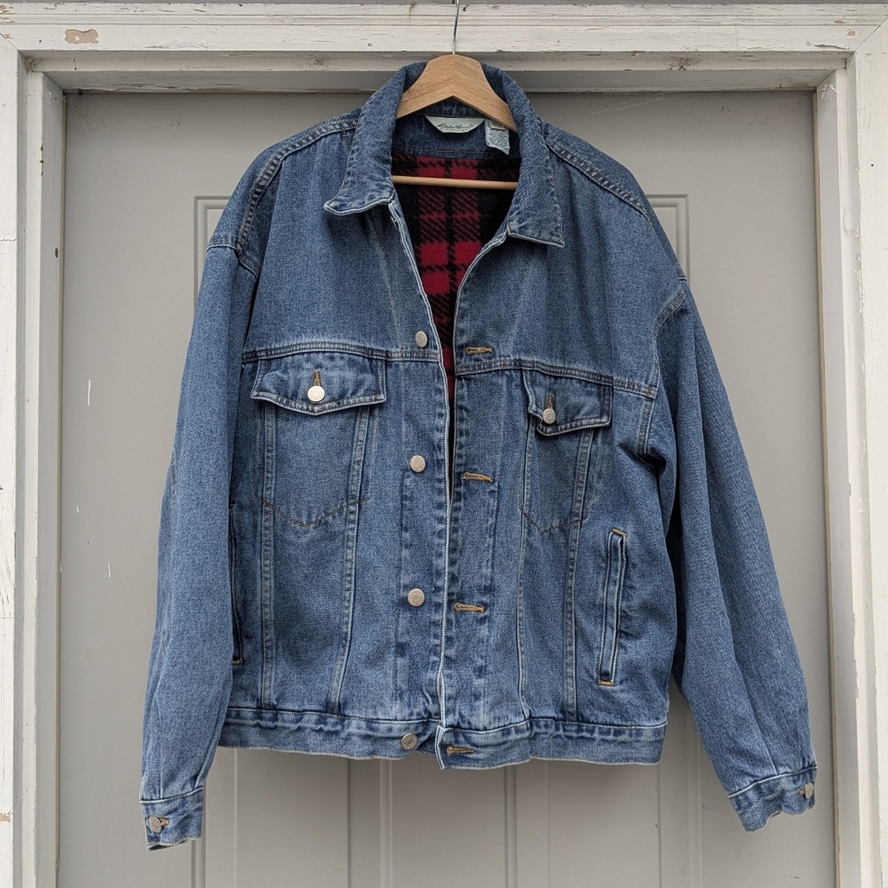 Eddie Bauer Blue Denim Jacket with Red Plaid Lining